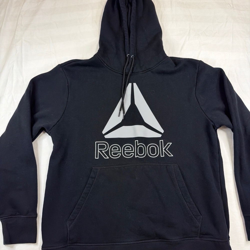 Reebok Mens XL Black Pullover Hoodie Big Logo Sweatshirt